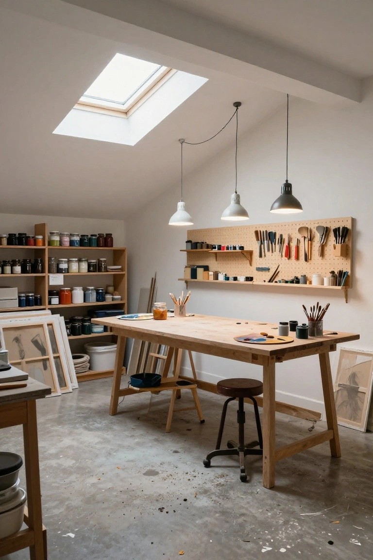 Artist studio interior with white sloped ceiling and skylight, three white pendant lights hanging over wooden workbench, shelves of paint jars and tools on wooden racks and pegboard wall, concrete floor with paint splatters.