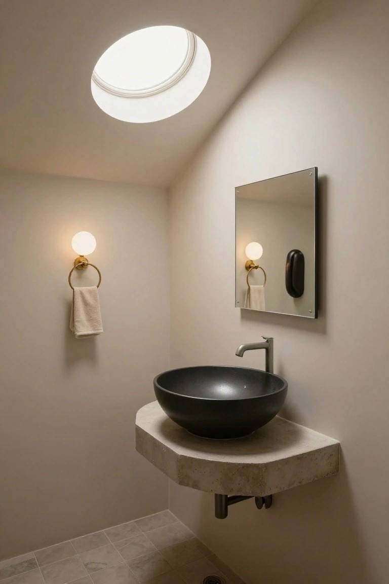 Minimalist bathroom with sloped beige ceiling and central round skylight, black vessel sink on cantilevered concrete shelf, frameless wall mirror, brass wall sconces with towels, and tiled floor.