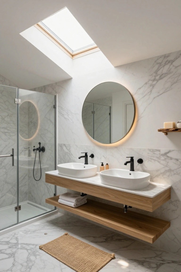 Bathroom with sloped white ceiling and rectangular skylight, glass shower enclosure, floating oak vanity with two white sinks and black faucets, large round mirror with LED rim light on marble tiled walls, wooden shelf, and seagrass rug on marble floor.