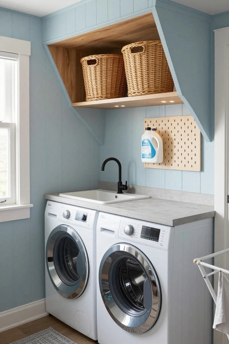 Laundry room featuring white front-load washer and dryer, stainless utility sink on quartz countertop, blue shiplap walls, sloped ceiling with open wooden shelf holding two wicker baskets lit by under-shelf puck lights, pegboard with detergent jug, and drying rack.