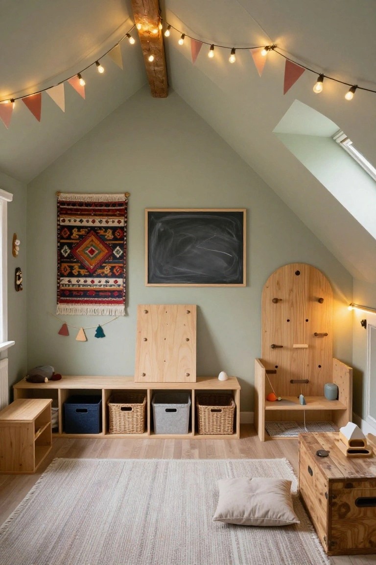 Attic playroom with sloped mint green ceiling beams strung with warm string lights and pink pennants, wooden climbing wall, toy shelves, chalkboard, rug, and benches.