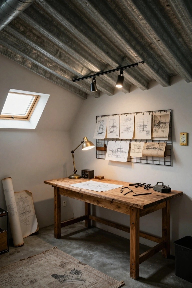 Attic workspace with wooden desk covered in blueprints and tools, sloped corrugated metal ceiling with black track lighting and spotlights, wall-mounted drawing grid, desk lamp, skylight, and concrete floor with rug.