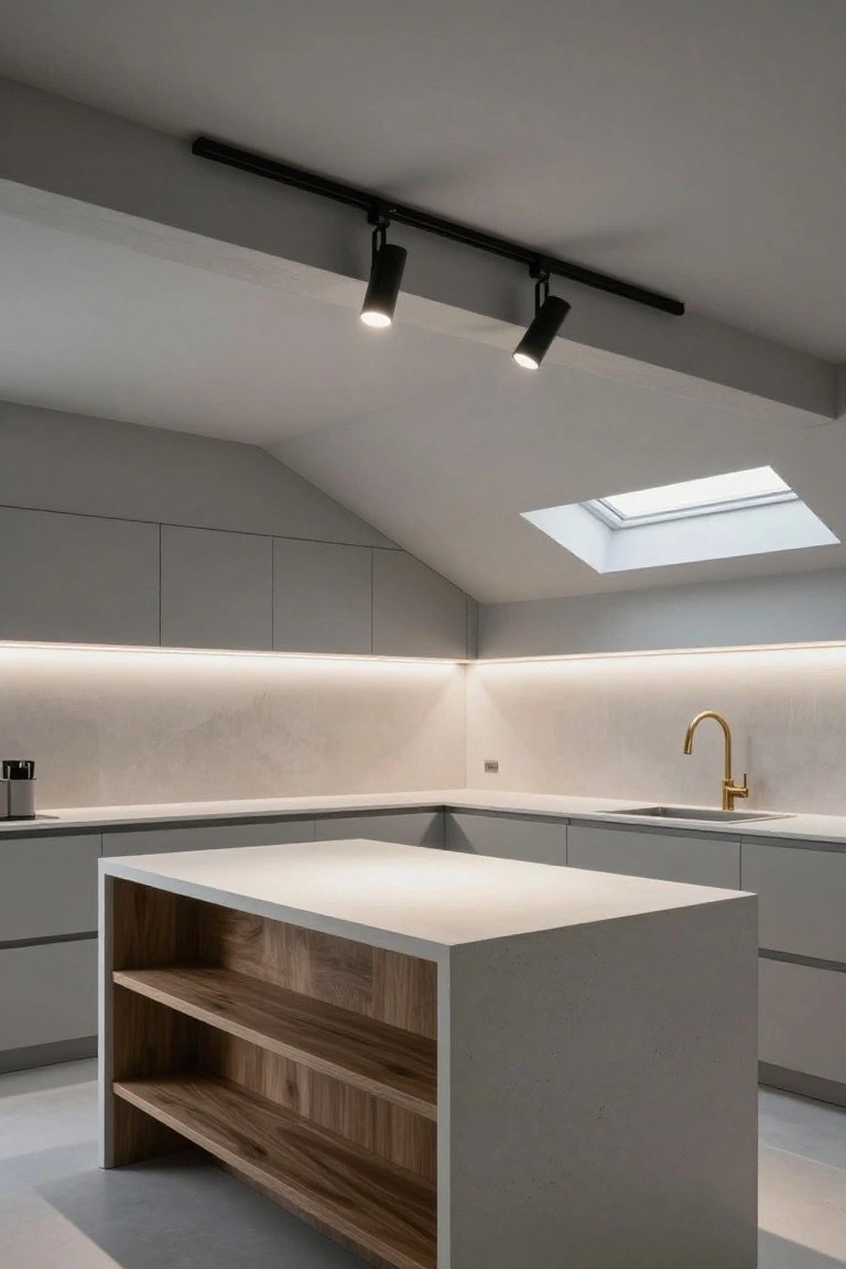 Modern kitchen under sloped ceiling with black track lighting, gray cabinets, white stone island with wood shelving, gold faucet, LED under-cabinet lights, and skylight.