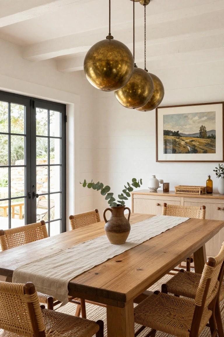 Dining room featuring three large brass orb pendant lights suspended above a long wooden table with rattan chairs, flanked by a credenza and French doors to a garden.
