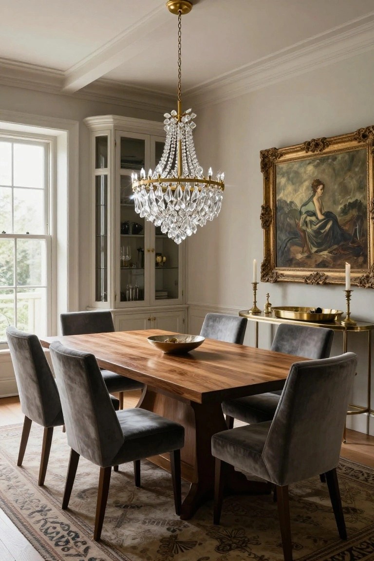 Formal dining room with a rectangular wooden trestle table, six gray velvet chairs, crystal chandelier overhead, white corner cabinet, gold-framed painting on wall, and brass side table with candles near a window.