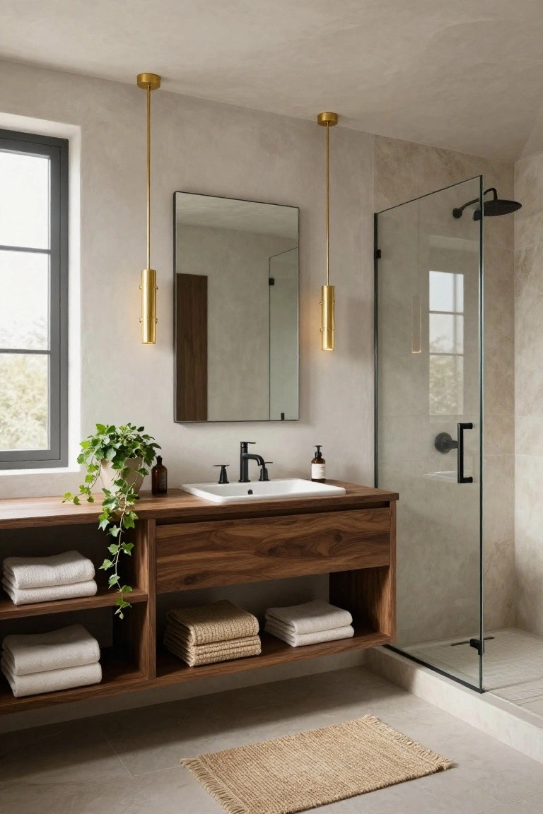 A bathroom with two elongated gold pendant lights hanging from a textured white ceiling above a walnut wood vanity topped with a white sink, soap dispenser, and potted ivy plant, with folded white towels on open shelves and a glass shower enclosure nearby.