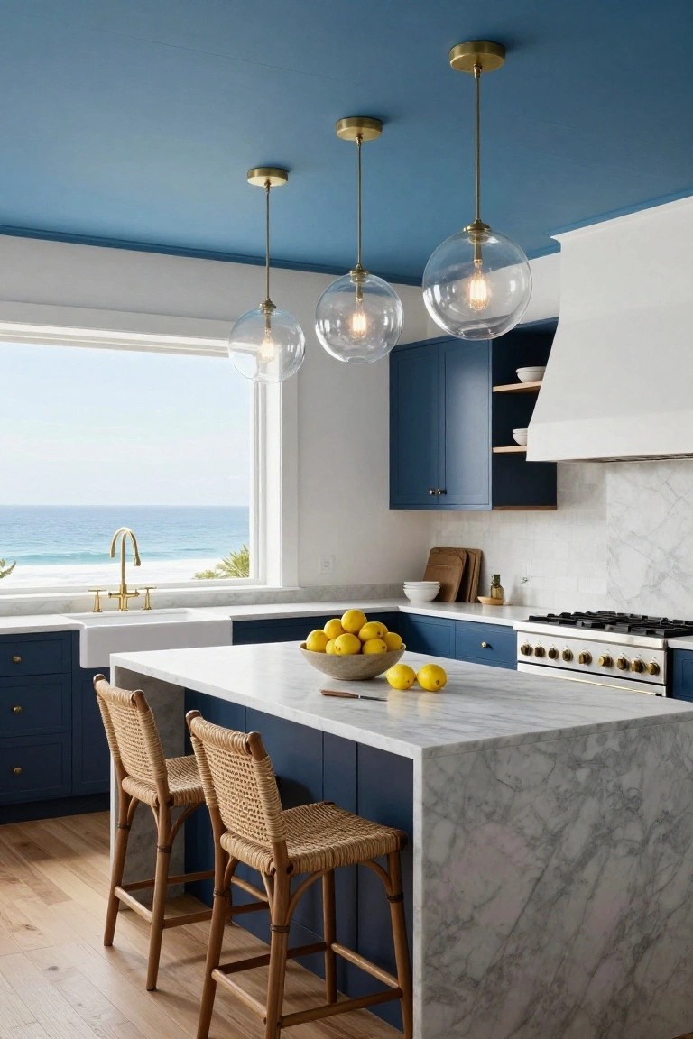 Kitchen with navy blue cabinets, white marble island and counters, three brass-framed clear glass globe pendant lights hanging from blue ceiling, wood stools, and large window showing ocean view.