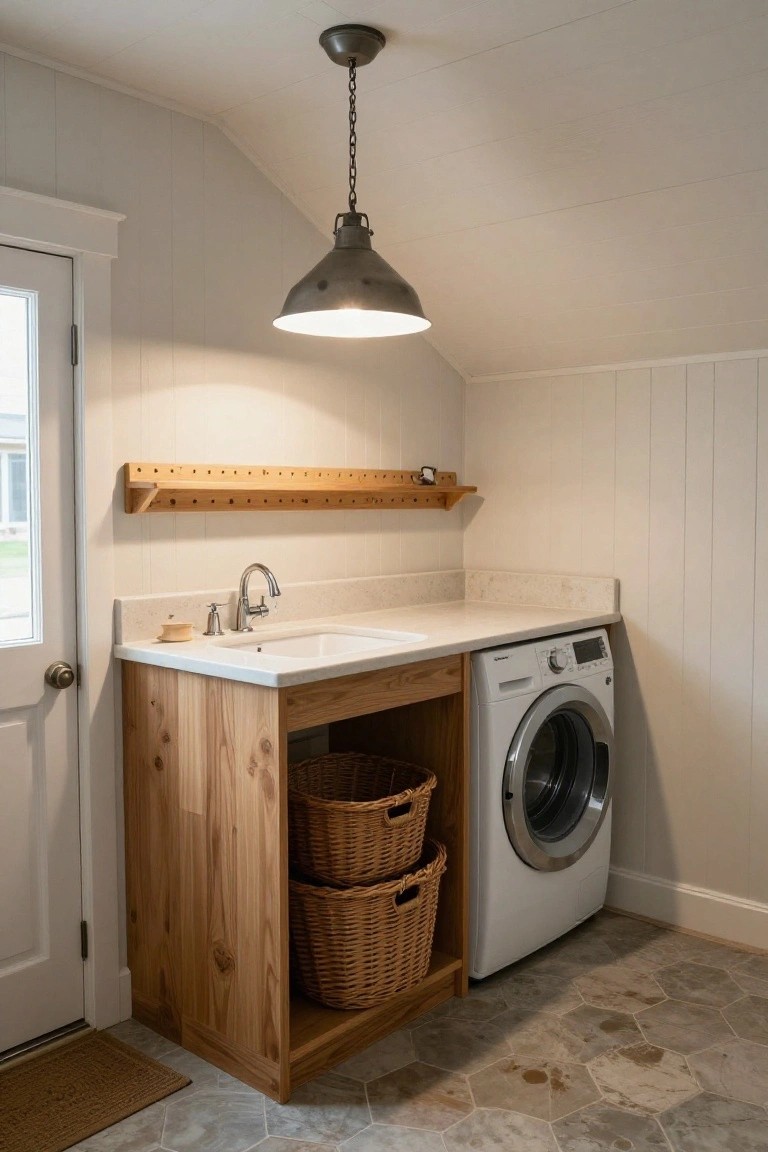 Laundry room interior with white front-loading washer, wooden cabinet base holding utility sink and stacked wicker baskets, wooden peg rail shelf, chain-suspended black pendant light from vaulted ceiling, shiplap walls, glass door, and hexagonal tile floor.
