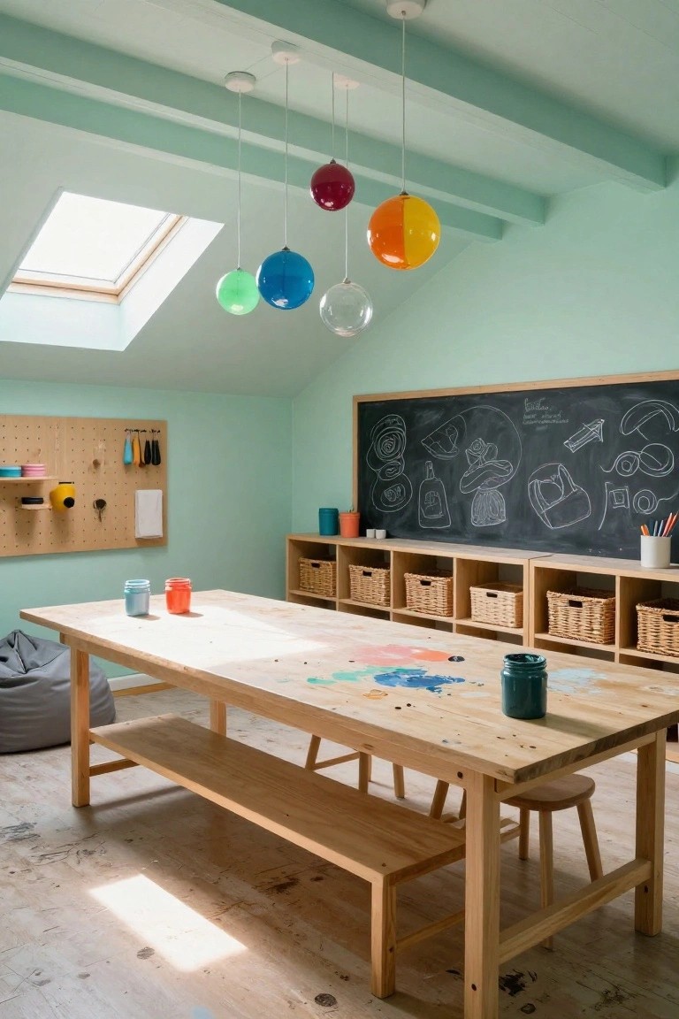 Mint-green attic playroom with vaulted ceiling and skylight, colorful blown-glass pendant lights hanging over wooden table with paint spills, blackboard wall with drawings, pegboard storage, and cubby shelves.