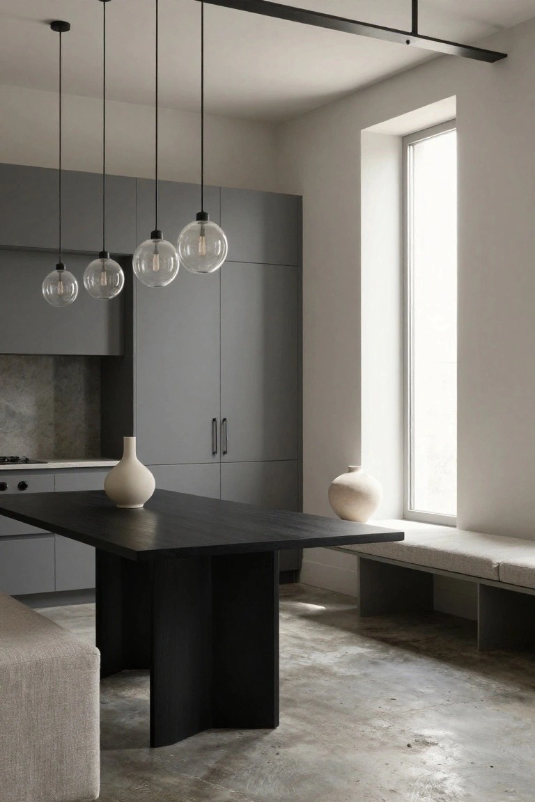 Modern kitchen interior with gray cabinets, black wood dining table, two beige ceramic vases on the table, four clear glass globe pendant lights hanging in a row from a black overhead rail, large window, and polished concrete floor.