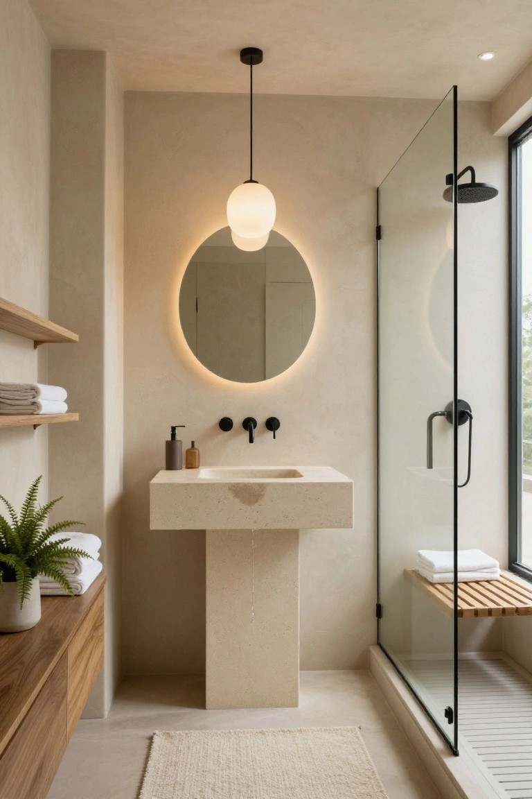Beige bathroom with round backlit mirror above stone pedestal sink, wooden shelves holding towels and plant, black fixtures, glass shower enclosure, and hanging white globe pendant light.