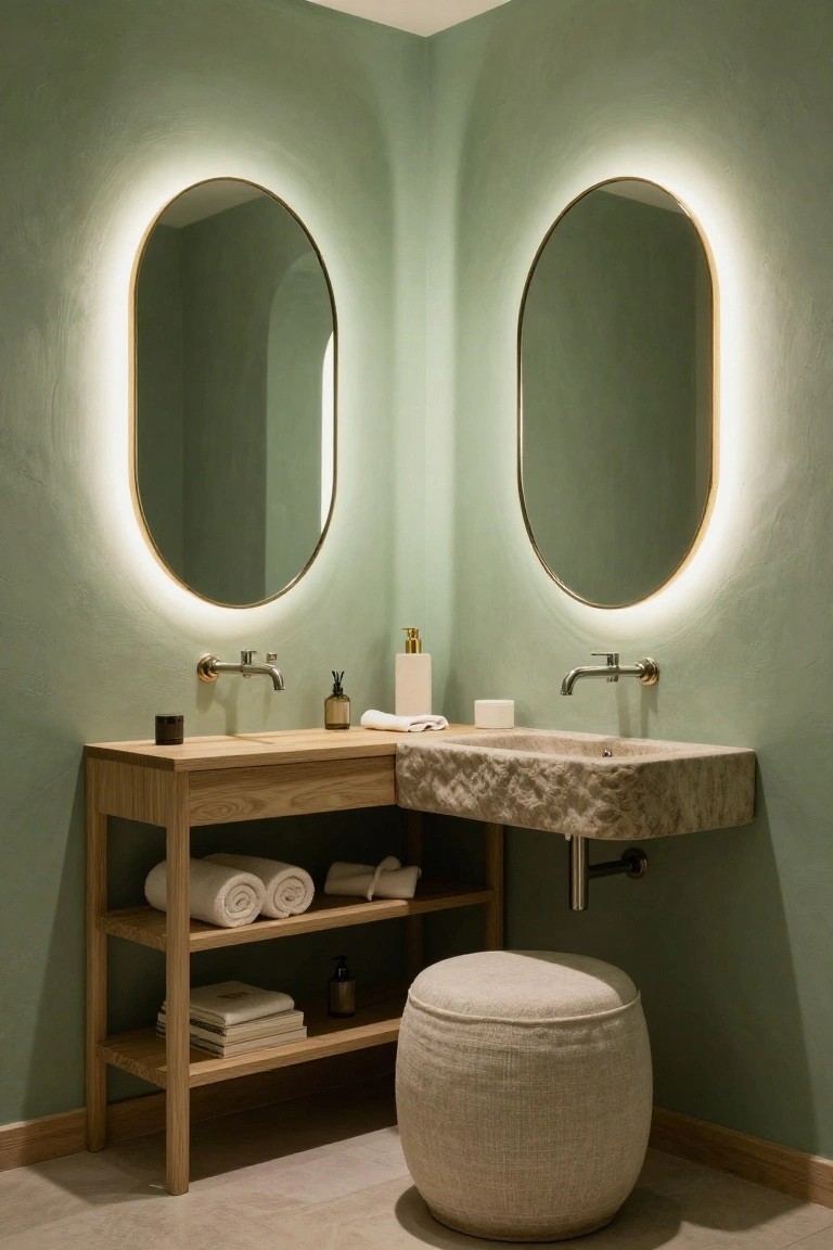 Corner bathroom vanity with two large oval mirrors featuring LED backlighting, wooden shelving unit stocked with towels and products, textured stone sink, wall-mounted faucets, and round fabric pouf against pale green walls.