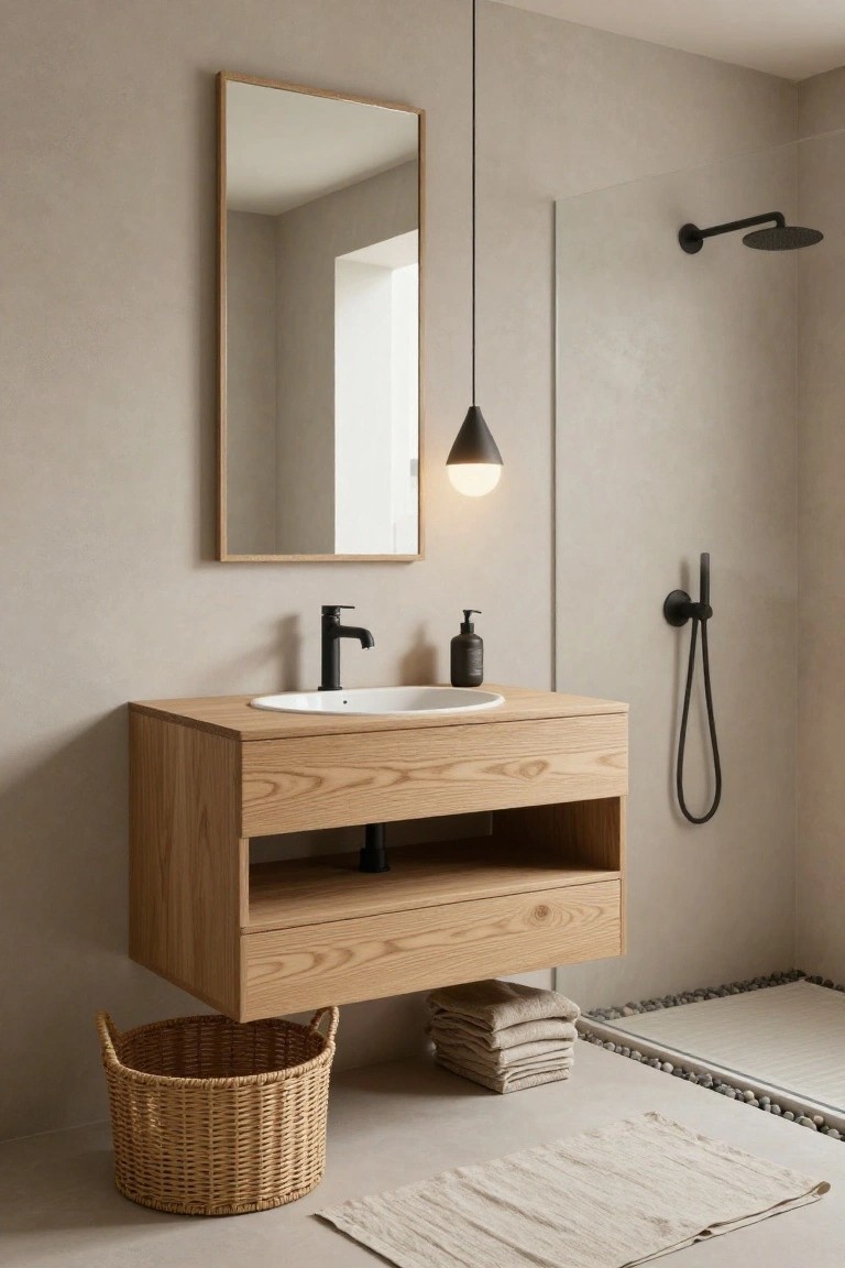 Bathroom interior featuring a wooden vanity with white sink and black faucet, large rectangular mirror, black cone pendant light hanging from ceiling, black shower fixtures, beige textured walls, wicker basket, folded towels, and pebble shower floor.