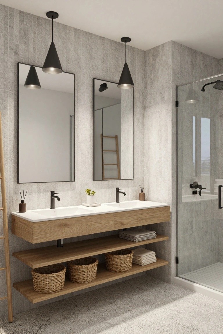Bathroom interior featuring light gray vertical plank walls, two black conical pendant lights over a light oak double sink vanity with black faucets, tall black-framed mirrors, wooden ladder towel rack, woven baskets on open shelves, and a glass shower enclosure with pebble tile floor.