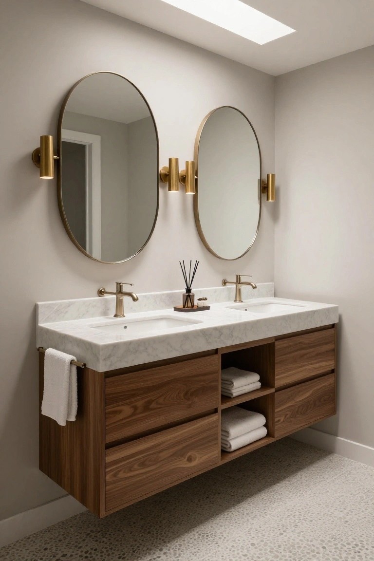 Bathroom featuring a floating walnut vanity with two white sinks on a marble countertop, flanked by two large oval gold-framed mirrors with brass cylindrical sconces mounted beside them, neutral gray walls, and a pebble stone floor.