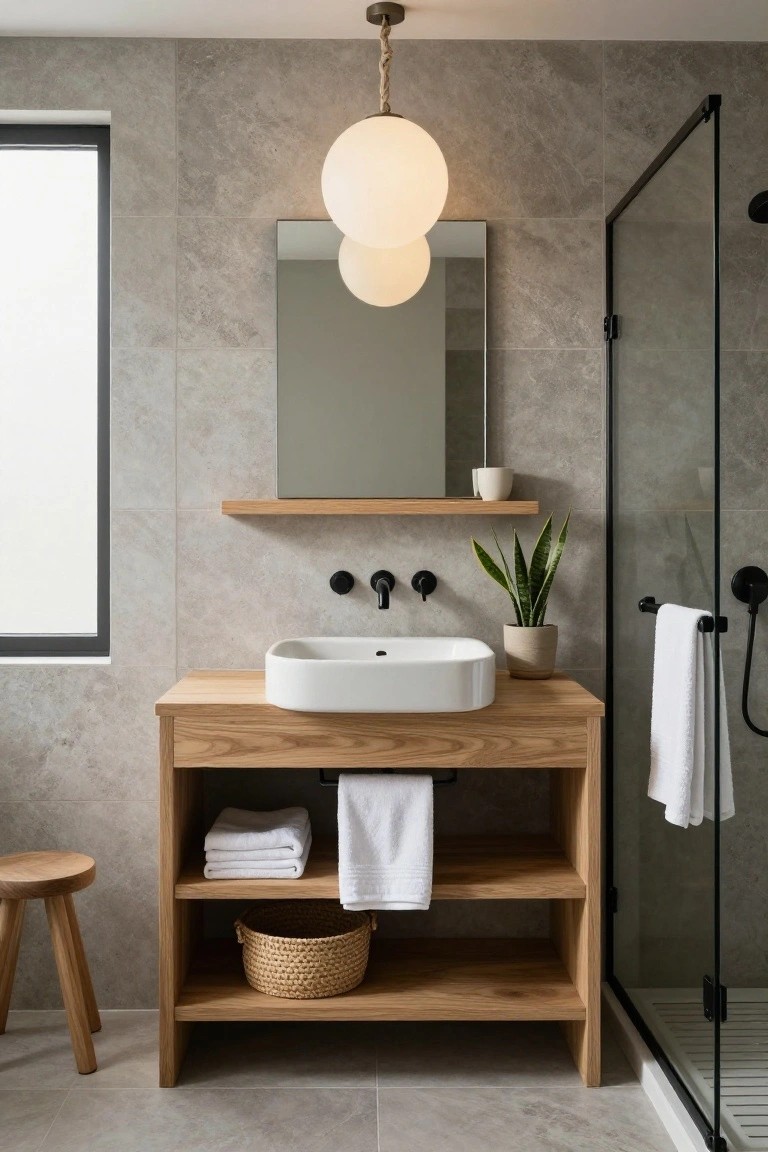 A Japandi bathroom with oak wood vanity holding a white vessel sink, black wall faucets, two hanging white globe pendant lights, potted snake plant, folded towels, woven basket, stool, and black-framed glass shower enclosure on grey tiled walls and floor.