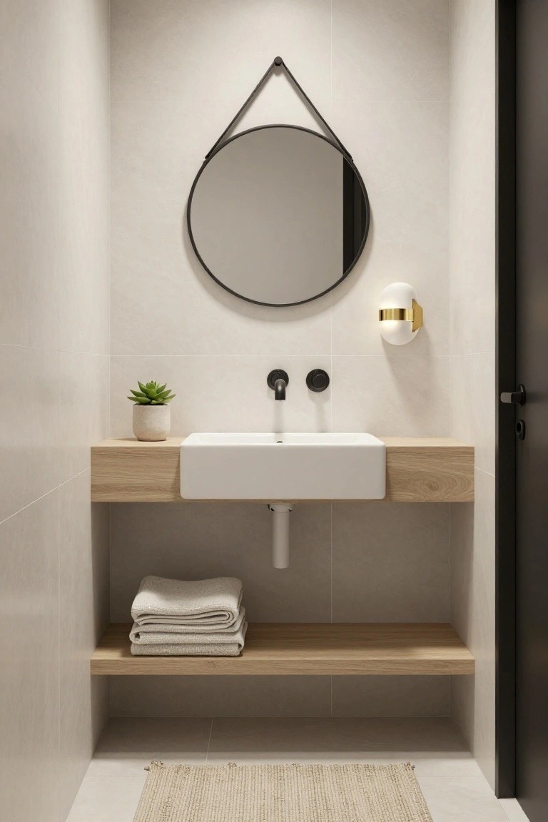 Modern bathroom with floating oak wood vanity shelf holding white rectangular sink, black matte faucet, small potted succulent, folded white towels below; round black-framed mirror with leather strap hanger above; white globe wall sconce with gold band to the right; light beige subway tile walls, seagrass floor rug, black door.