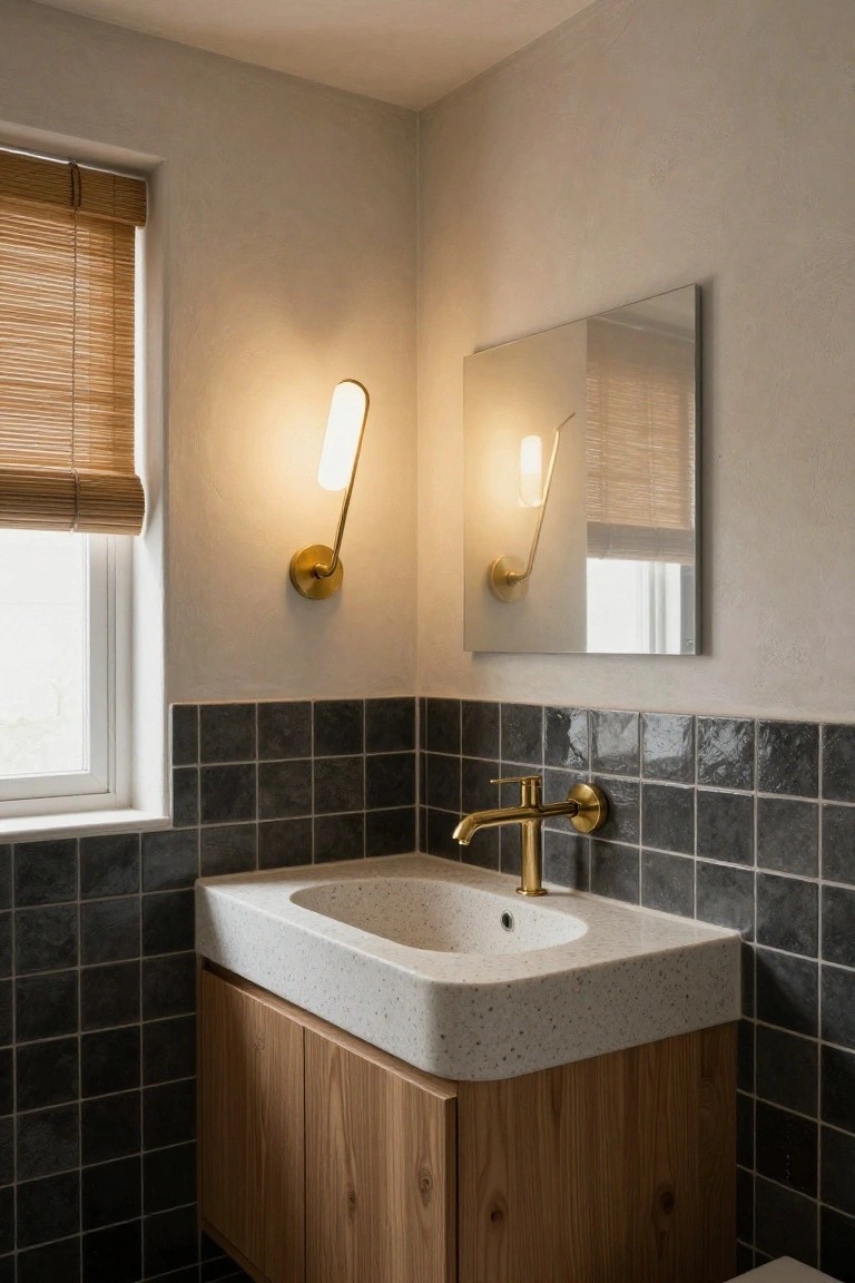Corner of a minimalist bathroom with white sink on wooden vanity, black textured wall tiles, round mirror, gold curved-arm wall sconce, and window with bamboo blinds.