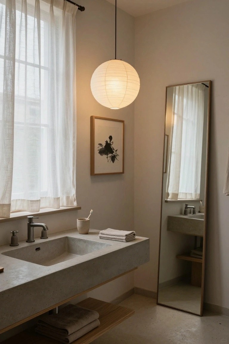 Modern bathroom interior featuring a floating concrete sink with brass faucet, tall full-length mirror, hanging white paper lantern light fixture, wood-framed art on wall, and sheer curtains over window.