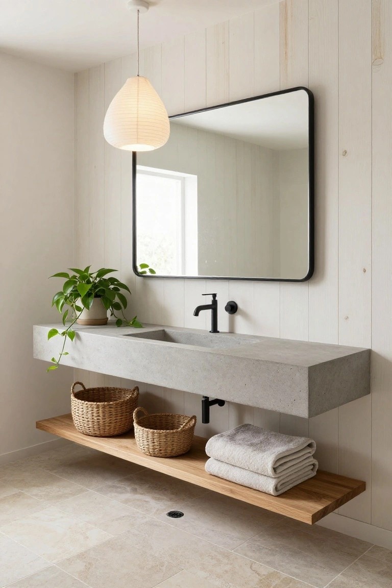 Modern bathroom with white paper lantern pendant light hanging over floating gray concrete sink, black-framed rectangular mirror, potted plant on sink edge, wooden shelf holding woven baskets and folded towels, white shiplap walls, and light beige tile floor.