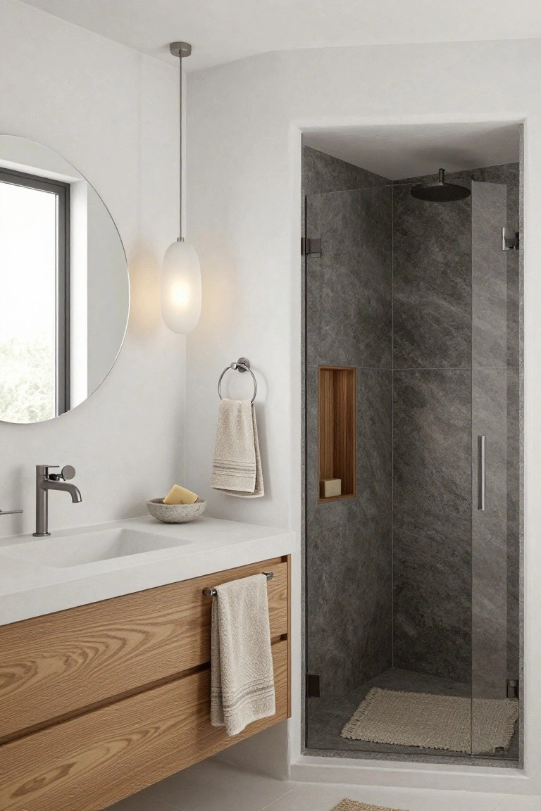 Contemporary bathroom interior with white walls, round black-framed mirror, oak wood vanity and cabinets holding a white sink and matte black faucet, beige towels, gray stoneware bowl with soap, towel ring, and corner walk-in shower with dark gray textured tiles, wood shelf niche, black rain showerhead, and glass door, lit by a white glass globe pendant light from the ceiling.
