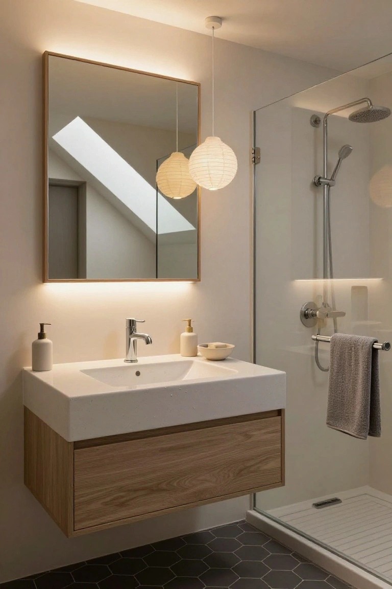 Modern bathroom interior with floating oak wood vanity and white sink, backlit rectangular mirror, two hanging white paper lantern pendants, glass shower enclosure with chrome fixtures, and dark hexagonal floor tiles.