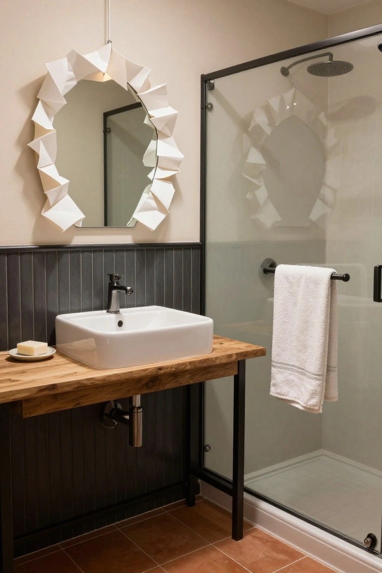 Bathroom with white folded paper mirror featuring integrated lighting above a white sink on rustic wood vanity table, black shiplap walls, and adjacent frameless glass shower enclosure.