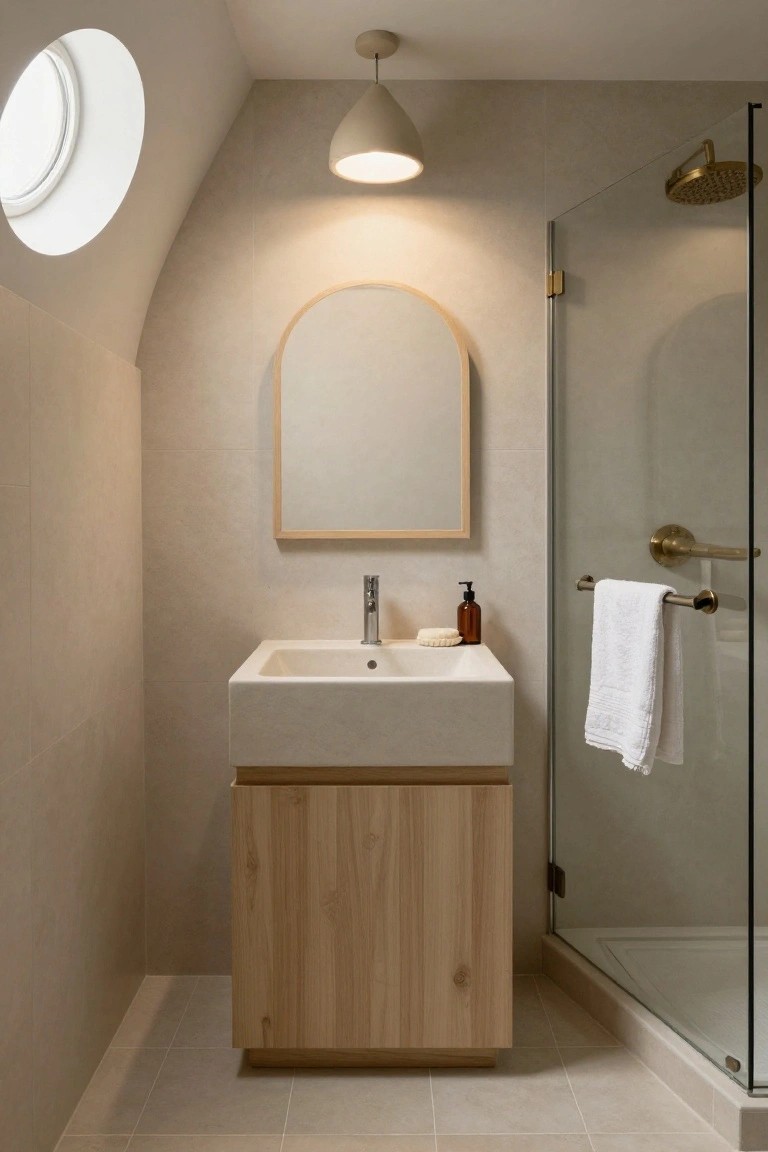 Compact beige bathroom with circular skylight, arched wooden mirror, light wood vanity and white sink, glass shower enclosure with brass showerhead and towel bar, and cream conical pendant light hanging from ceiling.