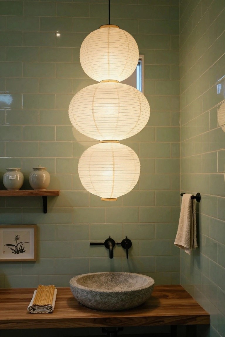 Bathroom vanity with gray stone vessel sink on wooden countertop under three stacked white paper lantern pendant lights, light green subway tile walls, wooden shelf with ceramic jars, and towel bar.