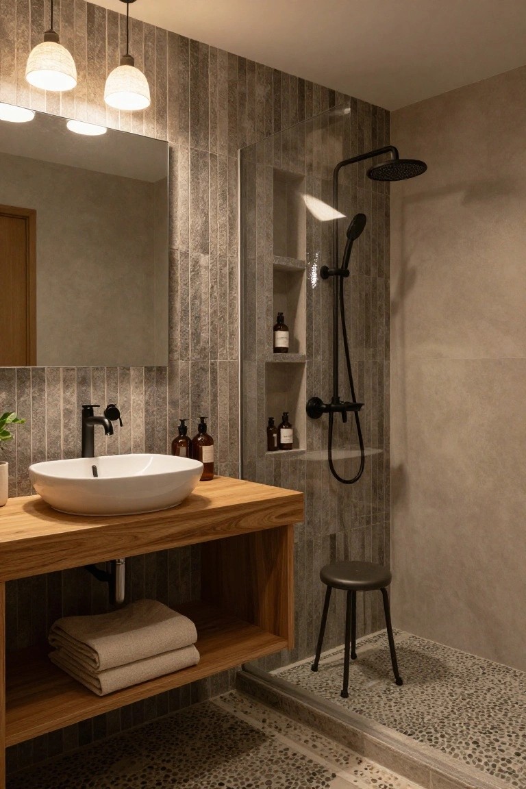 Japandi bathroom featuring a wooden vanity with white vessel sink, black faucet, hanging textured pendant lights, pebble stone shower floor, and niche shelving in a gray tiled wall.