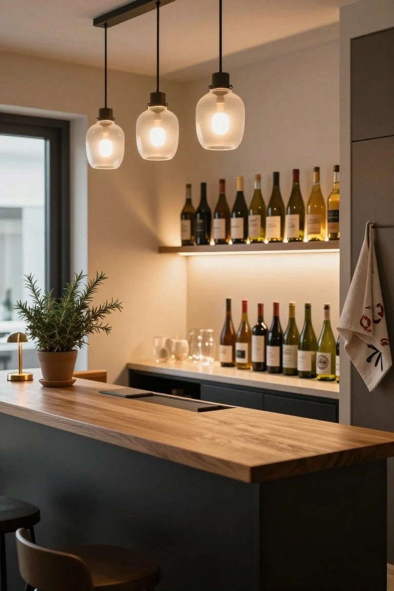Interior view of a modern kitchen bar with light oak countertop, two black stools, three hanging clear glass pendant lights, backlit wooden shelves holding wine bottles, glasses on the counter, a potted rosemary plant, and a dish towel on a hook.