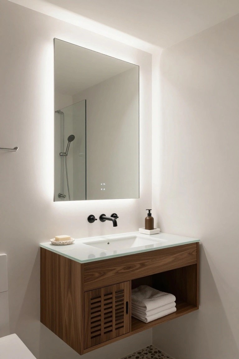 Modern bathroom with tall rectangular mirror featuring edge LED backlighting above floating walnut vanity with glass top, black wall-mounted faucet, soap dispenser, and adjacent glass shower enclosure.