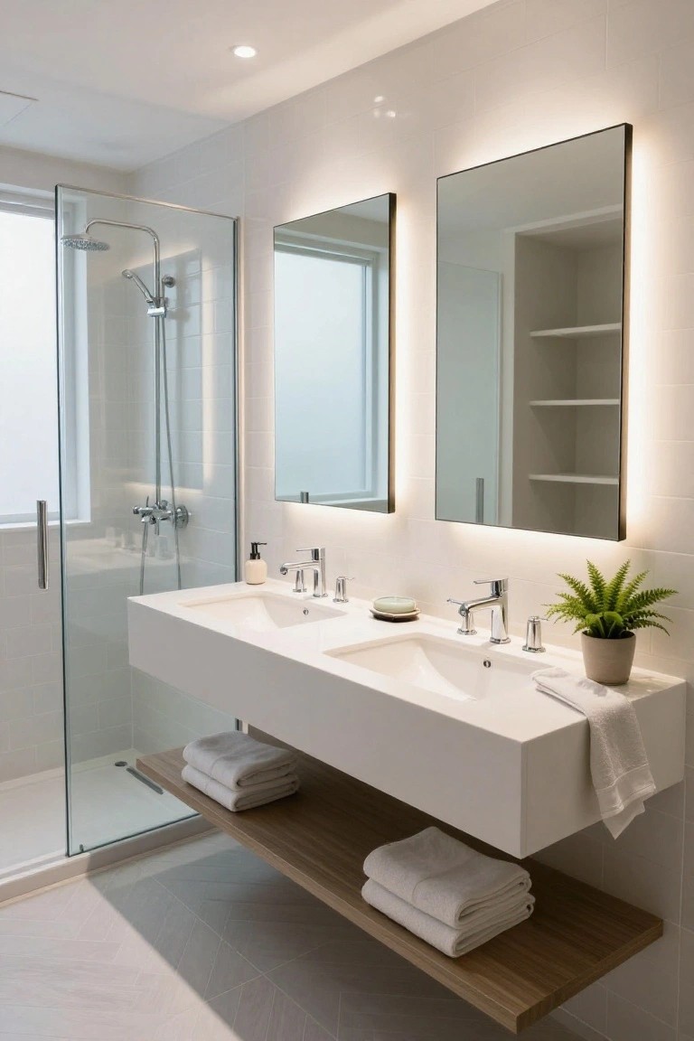 Modern white bathroom with glass shower enclosure, floating double sink vanity, two tall backlit mirrors, potted ferns, soap dispenser, and folded towels on wooden shelf underneath.