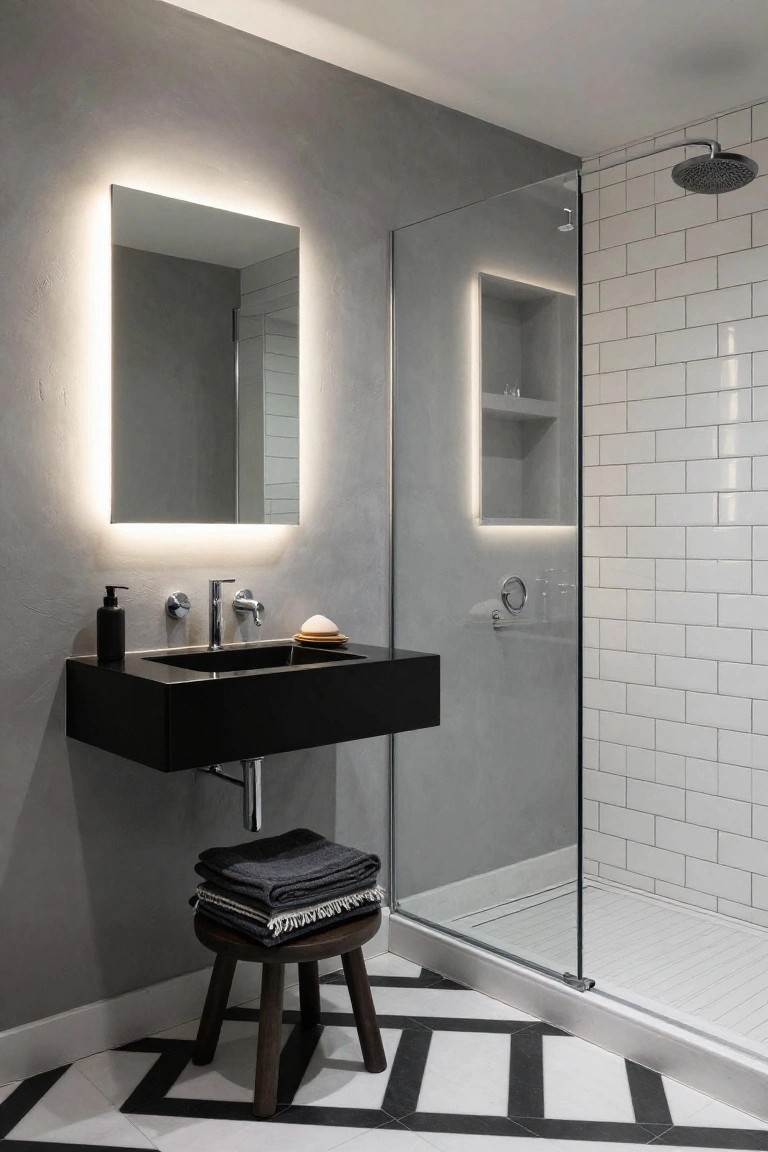 Modern bathroom with rectangular backlit LED mirror above black floating sink, glass shower enclosure with edge lighting and niche shelf, gray textured walls, white subway tile, black soap dispenser, wooden stool with towels, and black-and-white checkered floor tiles.