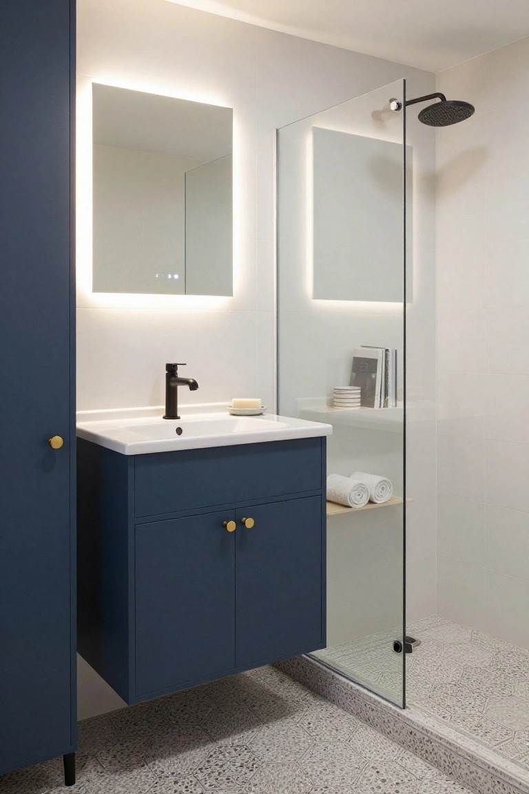 Modern bathroom with floating navy blue vanity, backlit rectangular mirror, black faucet and showerhead, glass shower enclosure with edge lighting, towels on a shelf, and terrazzo tile floor.