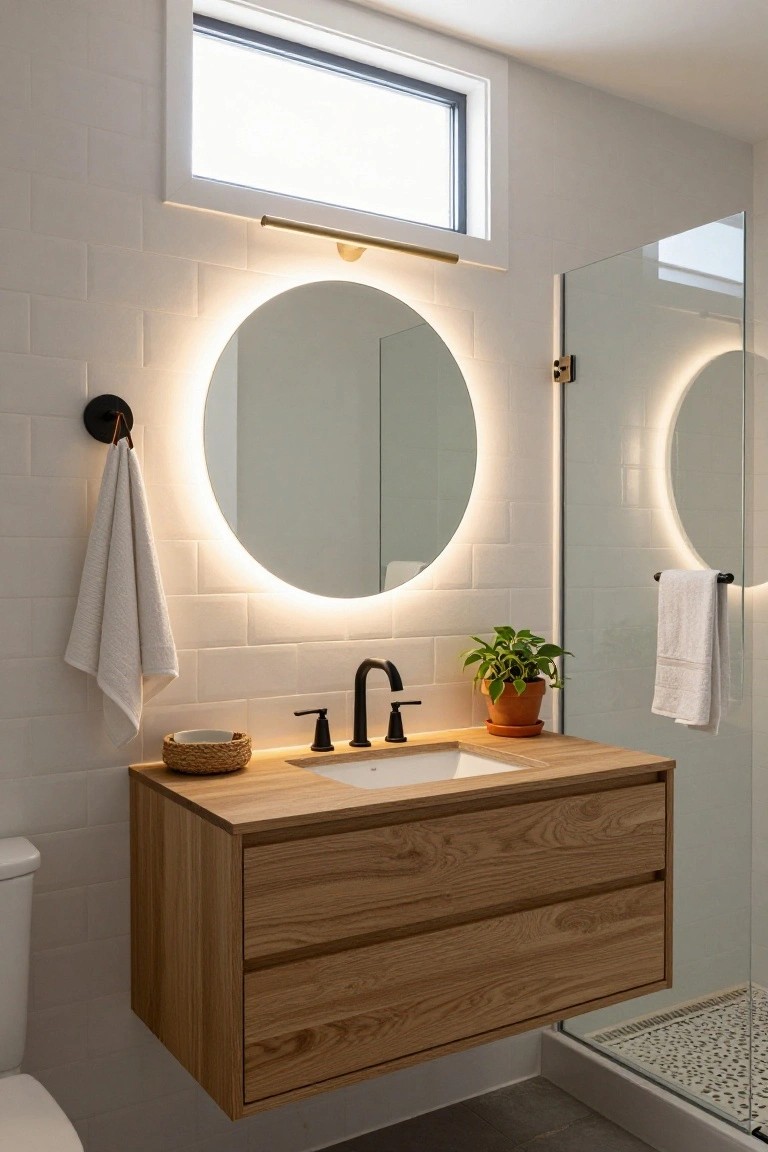 Modern bathroom with floating oak vanity under round backlit mirror, white subway tile walls, glass shower enclosure, potted plant on counter, and white toilet.