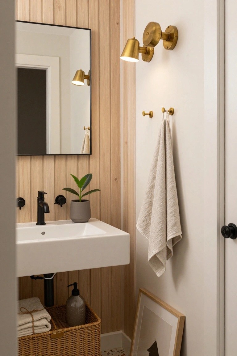 Modern bathroom with blonde wood vertical paneling on one wall, black-framed rectangular mirror, two articulated gold brass wall sconces providing light, white floating rectangular sink with black faucet, gray potted plant, beige towel on gold hooks, and woven basket under sink.