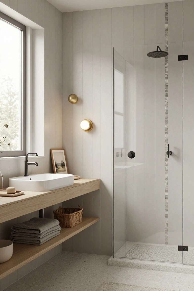 Modern bathroom with floating wood vanity, white sink, and glass shower.