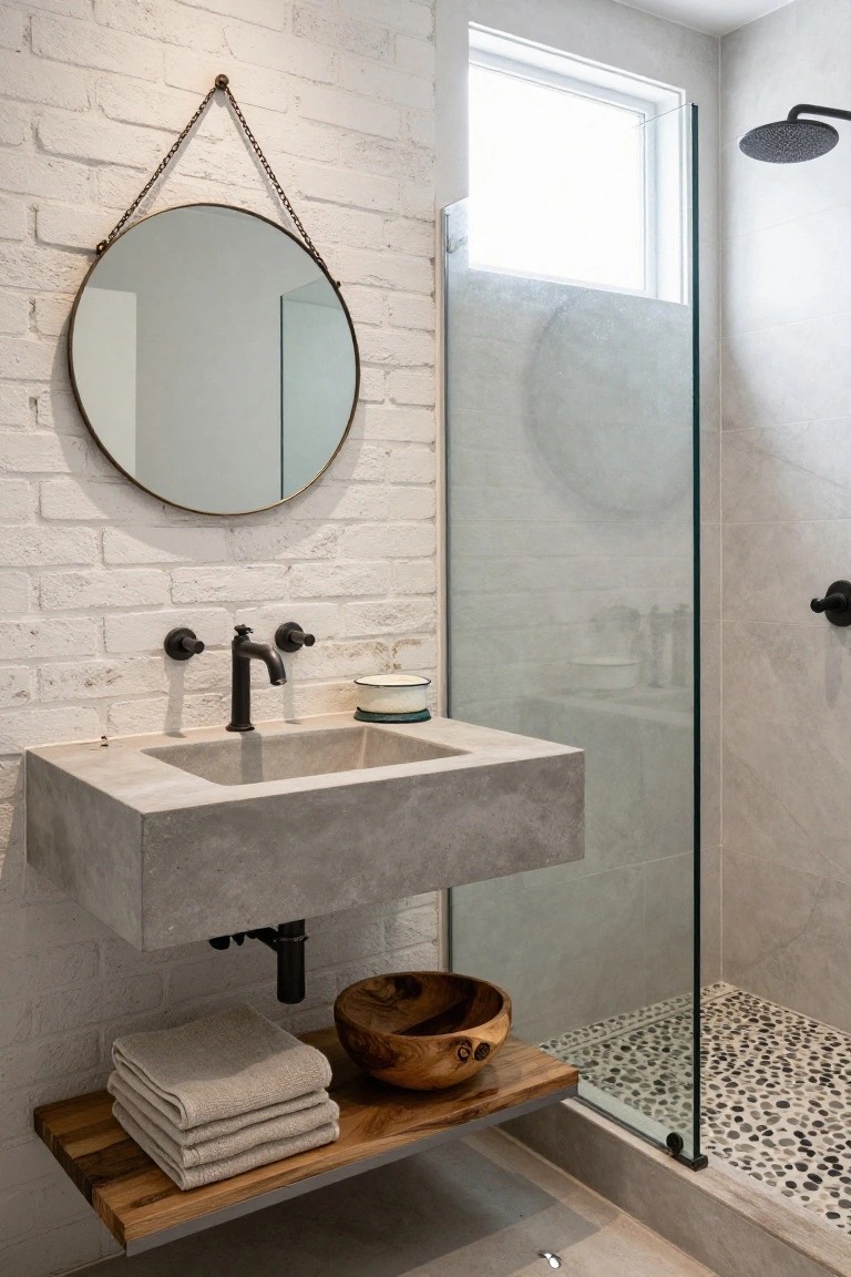 Modern bathroom with exposed white brick walls, large round brass mirror on chain above concrete sink with black faucet, wooden shelf holding towels and bowl below sink, glass shower enclosure with pebble floor and high window.