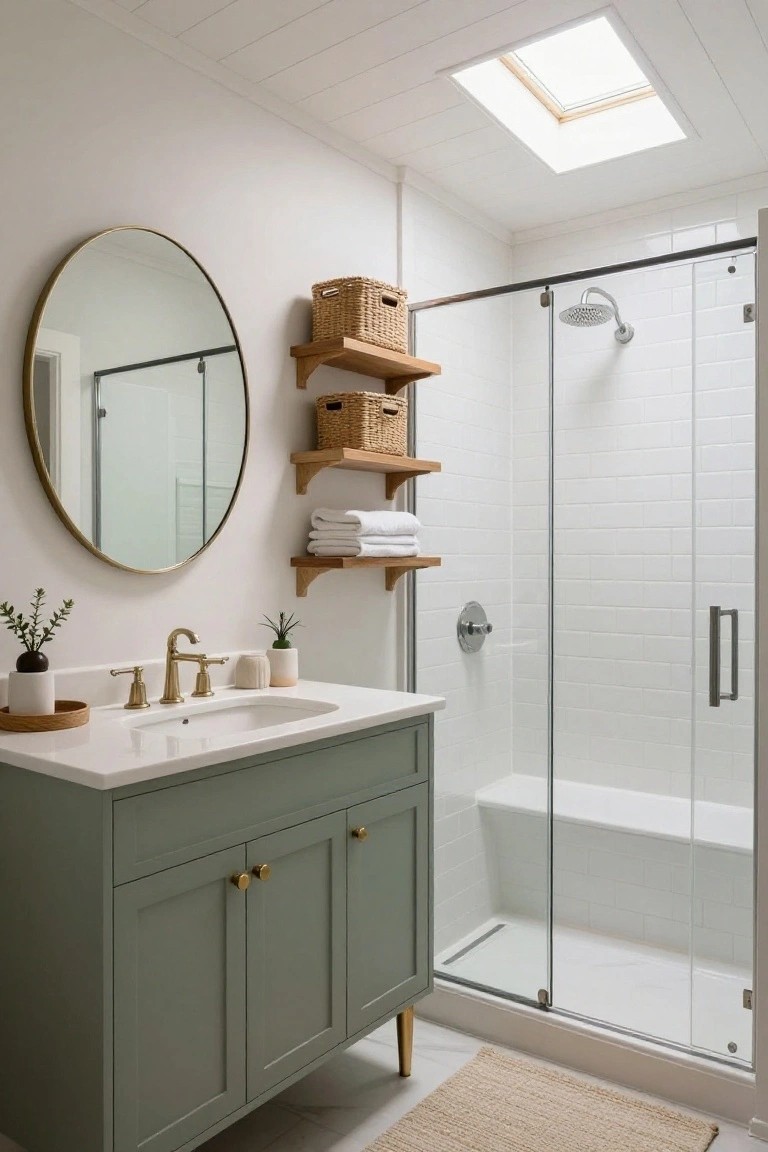 A modern bathroom with white subway tile walls and floor, sage green vanity cabinet on metal legs, white quartz countertop with gold faucet, large round brass mirror, wooden floating shelves with baskets and towels, potted plants, glass shower enclosure with bench seat, and square skylight in white ceiling.