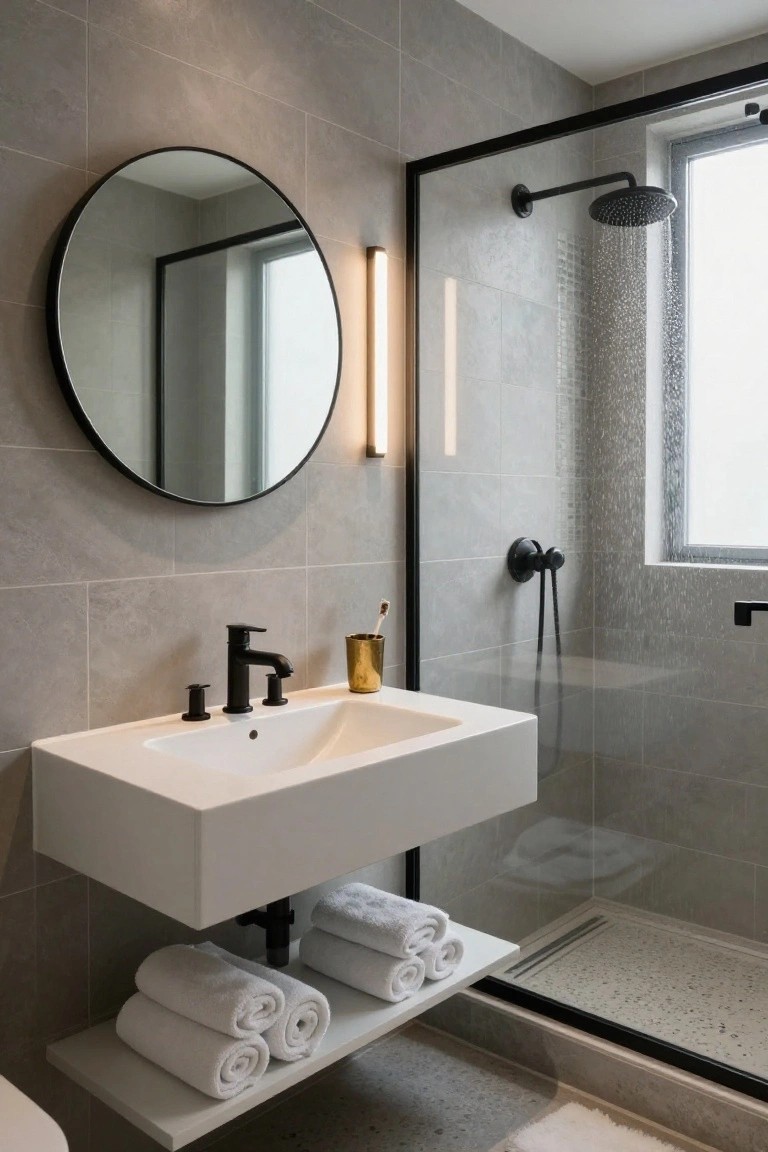 Modern bathroom featuring gray tile walls, round black-framed mirror with adjacent slim vertical wall light, floating white sink with black faucet and toothbrush cup, black-framed glass shower with running water, and stacked white towels on a white shelf below the sink.