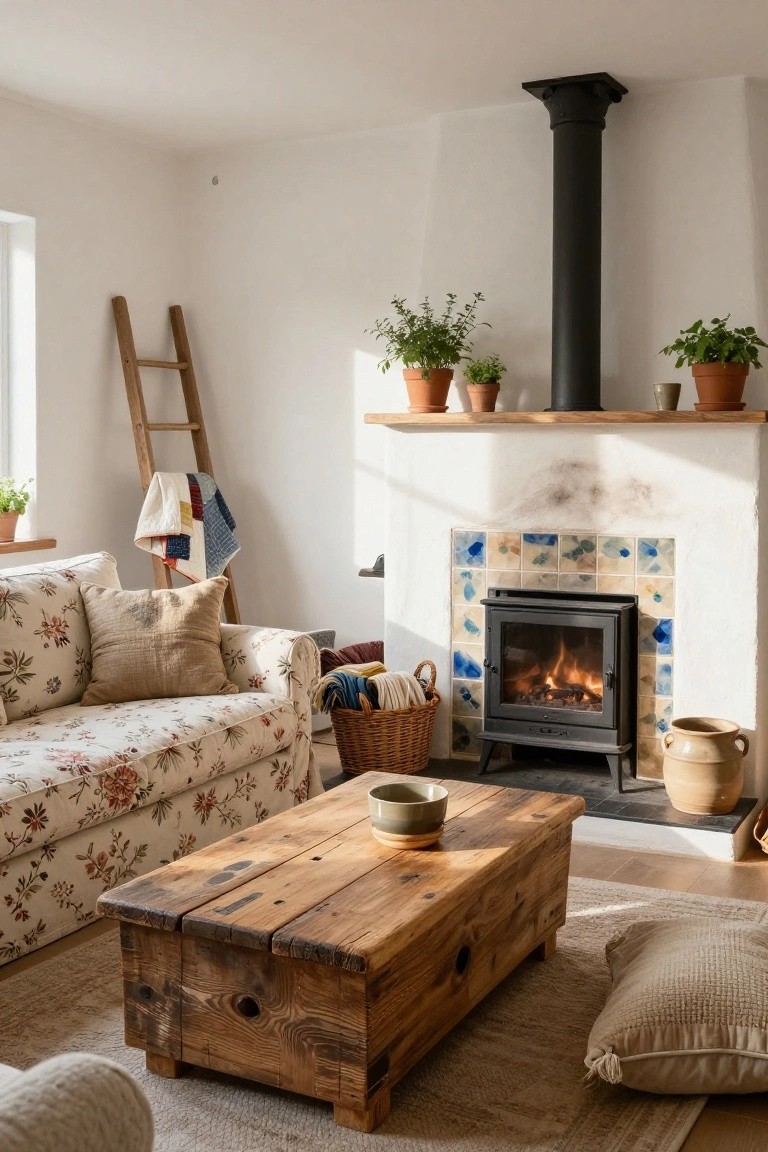 Cozy living room with a lit freestanding wood stove in a blue-tiled white surround, wooden coffee table, floral sofa, plants on mantel shelf, ladder with blankets, and neutral rug.