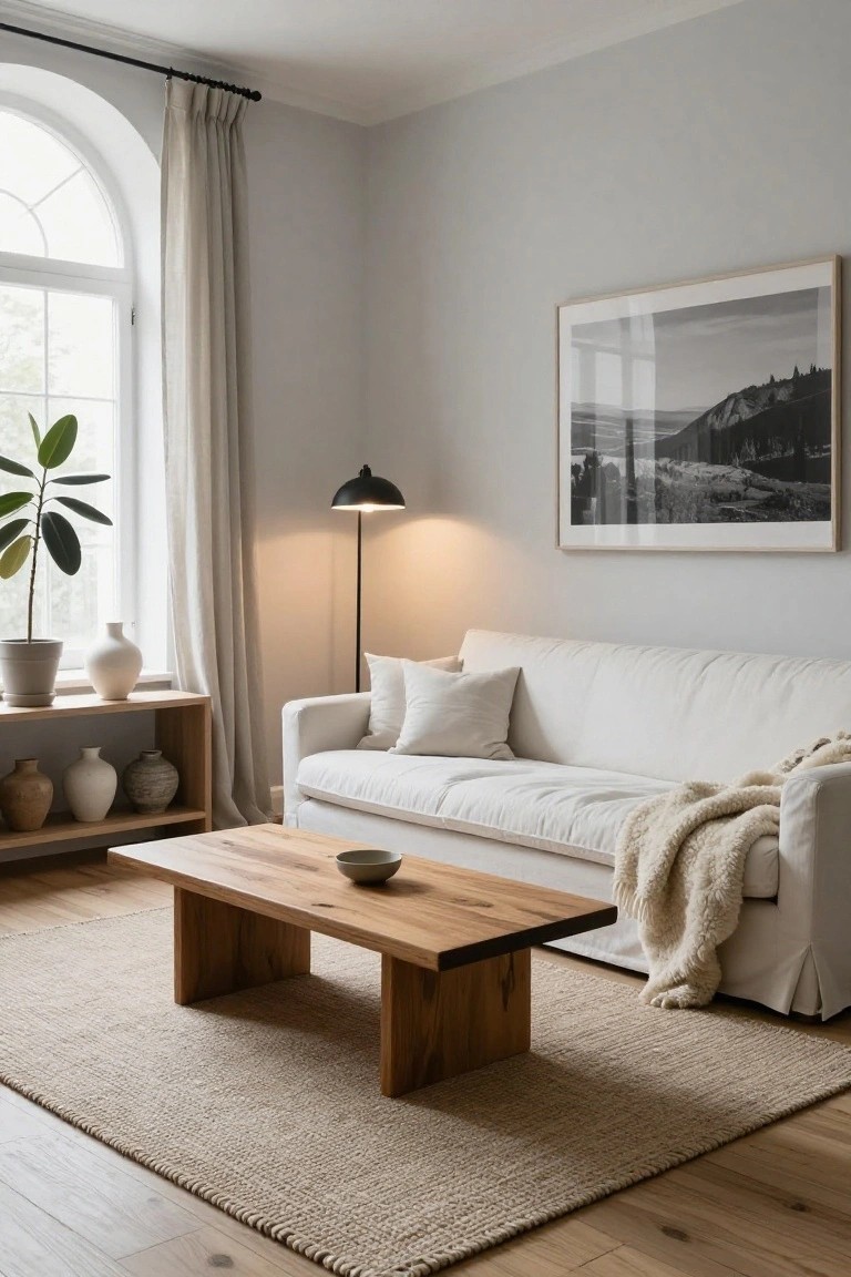 Cozy living room corner featuring a white slipcovered sofa with throw blanket, low rectangular wooden coffee table on a beige seagrass rug, oak shelf unit with ceramic pots and plants, black floor lamp, large framed black-and-white landscape photo, and potted rubber plant by arched window with beige linen curtains on light gray walls and light oak floors.