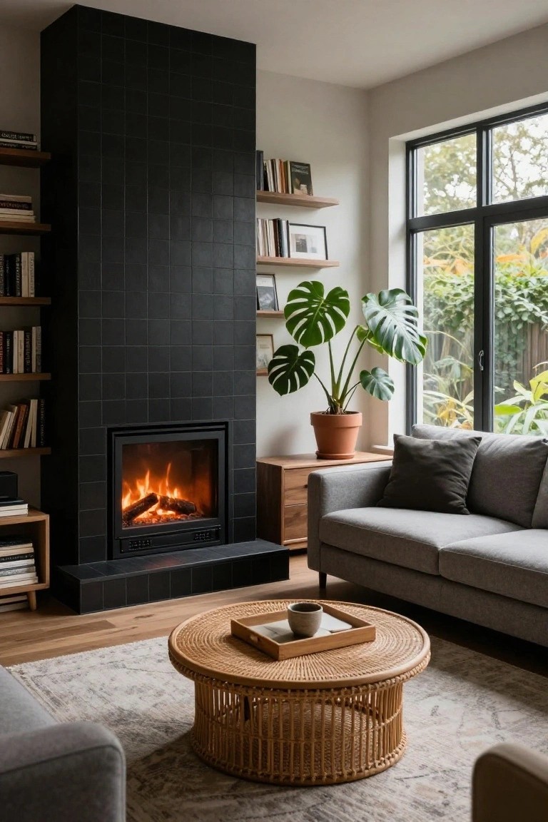 A cozy living room with a tall black tiled fireplace wall flanked by wooden bookshelves, a burning gas fire, gray L-shaped sofa, rattan coffee table, and large monstera plant by large windows overlooking greenery.