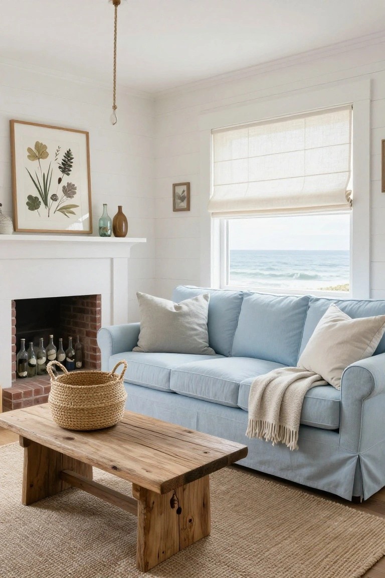 White living room with light blue slipcovered sofa, wooden coffee table holding seagrass basket, white brick fireplace with wine bottles, botanical artwork, and large window showing ocean waves.