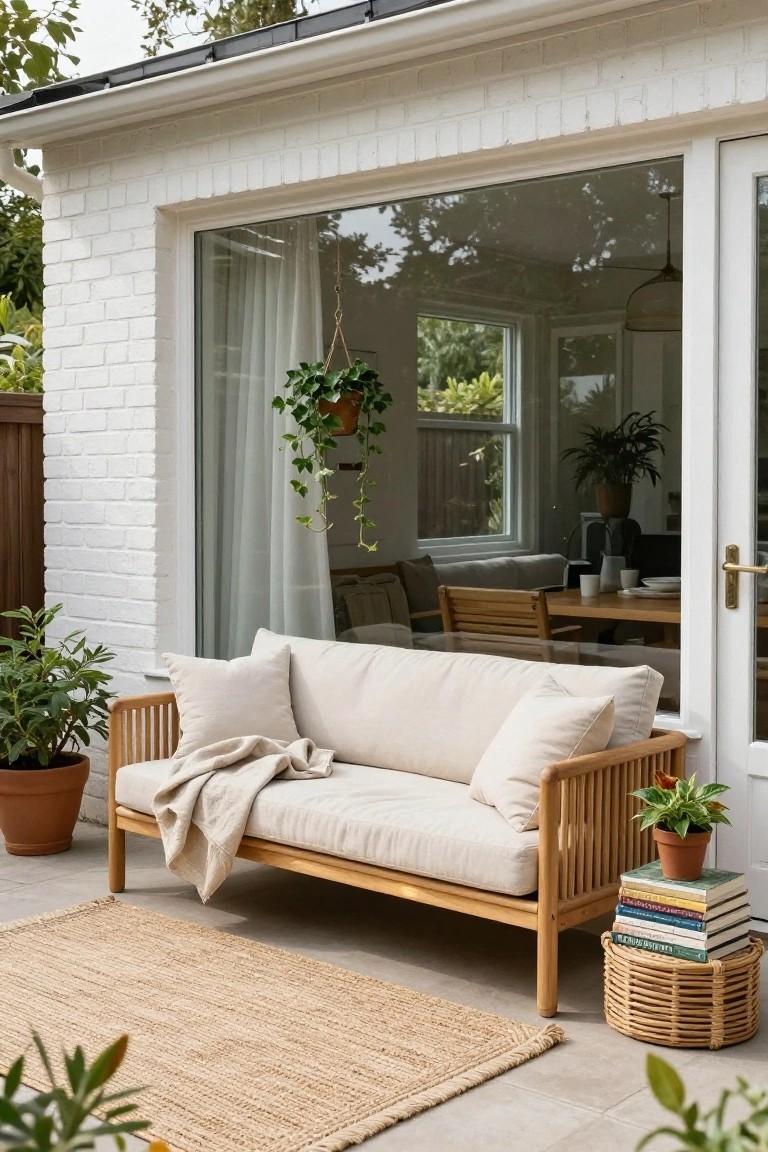 A beige cushioned wooden daybed with pillows and a throw blanket on a tiled patio next to large glass doors in a white brick house wall, with potted plants, a seagrass rug, and stacked books on a rattan stool nearby.