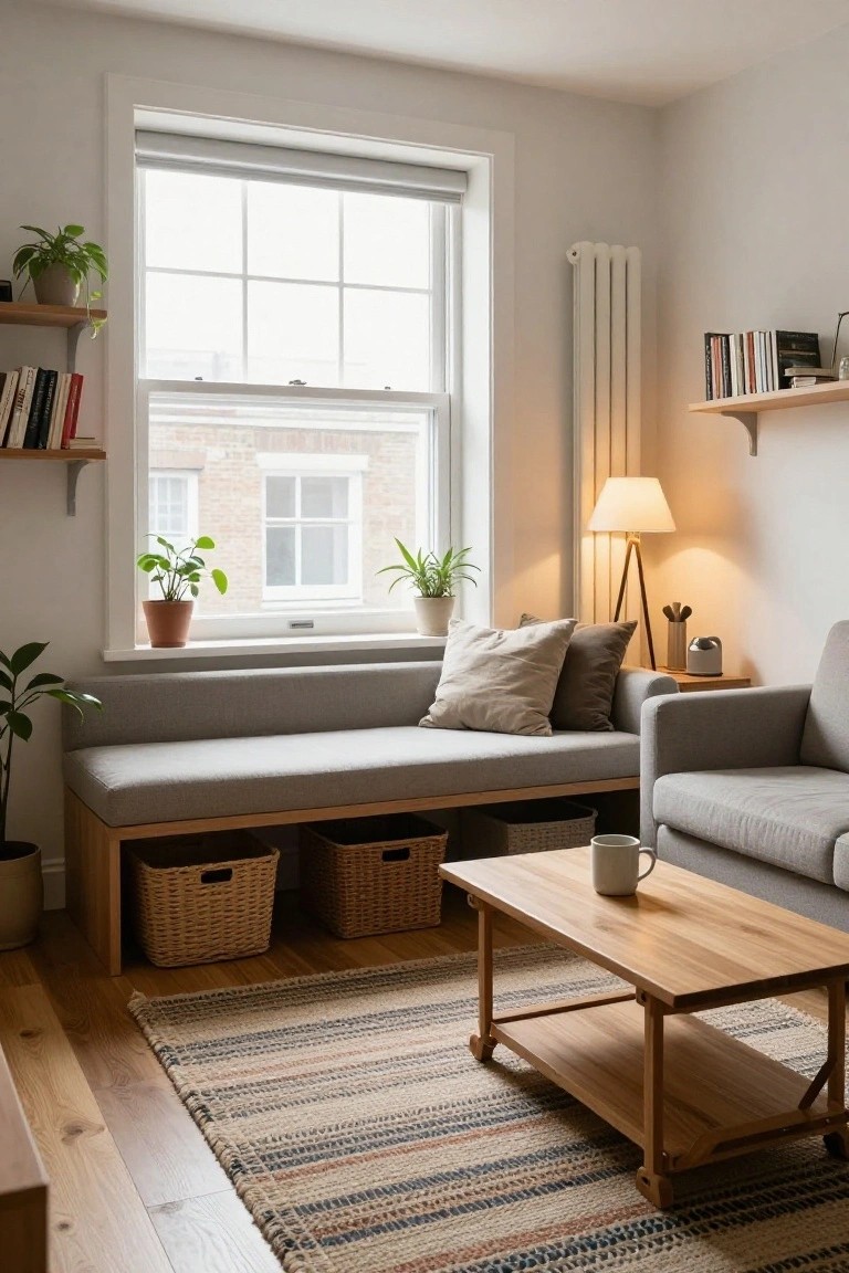 A bright living room corner with a gray cushioned bench built into wooden storage cabinetry under a large divided-light window, wicker baskets in the compartments below, houseplants on shelves and sills, neutral armchair nearby, wooden coffee table on a striped rug.