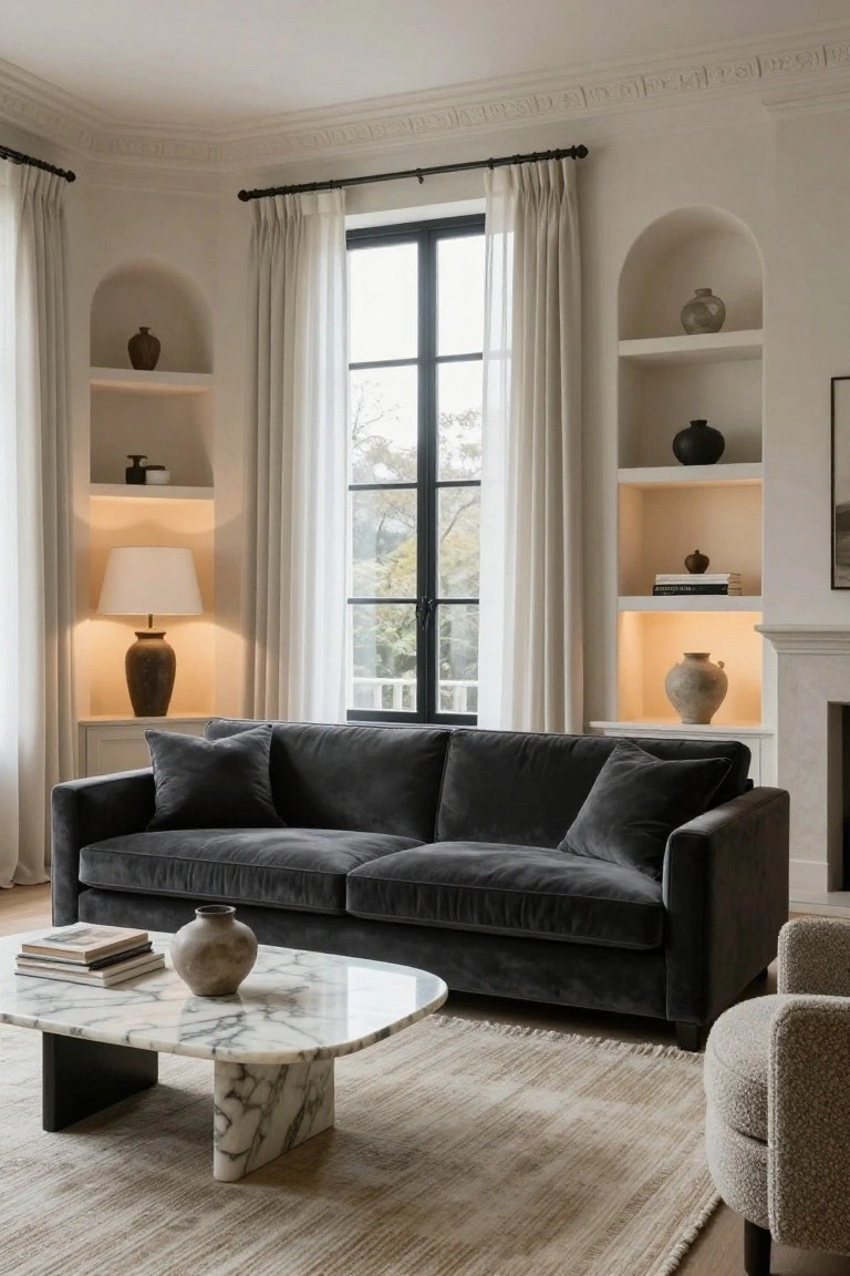 Living room with charcoal gray velvet L-shaped sofa facing large black-framed windows with sheer white curtains, oval white marble coffee table on black legs, built-in arched white niches displaying pottery and lamps, light beige rug, and small ottoman.