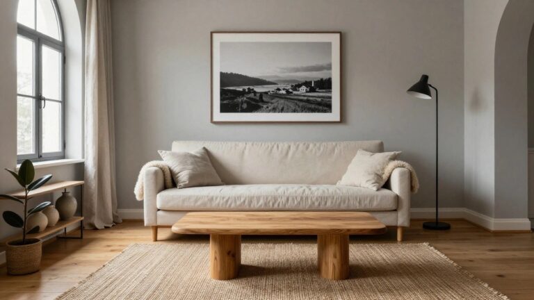 23 Gorgeous Cozy Living Rooms That Feel Instantly Inviting Cozy living room corner featuring a white slipcovered sofa with throw blanket, low rectangular wooden coffee table on a beige seagrass rug, oak shelf unit with ceramic pots and plants, black floor lamp, large framed black-and-white landscape photo, and potted rubber plant by arched window with beige linen curtains on light gray walls and light oak floors.