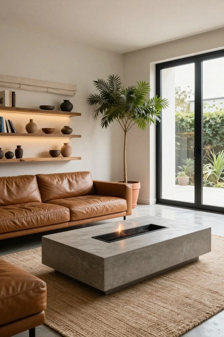 Modern living room with tan leather sofa, concrete coffee table containing a linear gas fire, floating wooden shelves holding pottery and plants, tall potted palm tree, and large black-framed sliding glass doors to backyard garden.